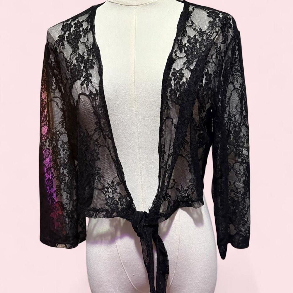 Ellen Parker Black Floral Lace Tie-Front Cardigan